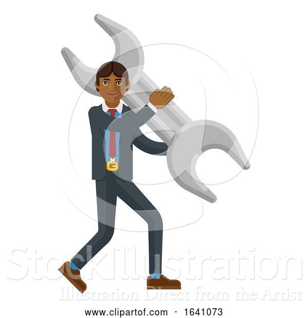 Vector Illustration of Asian Businessman Holding Spanner Wrench Concept