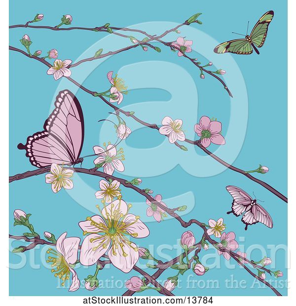 Vector Illustration of Background of Butterflies and Branches with Spring Blossoms over Blue Sky