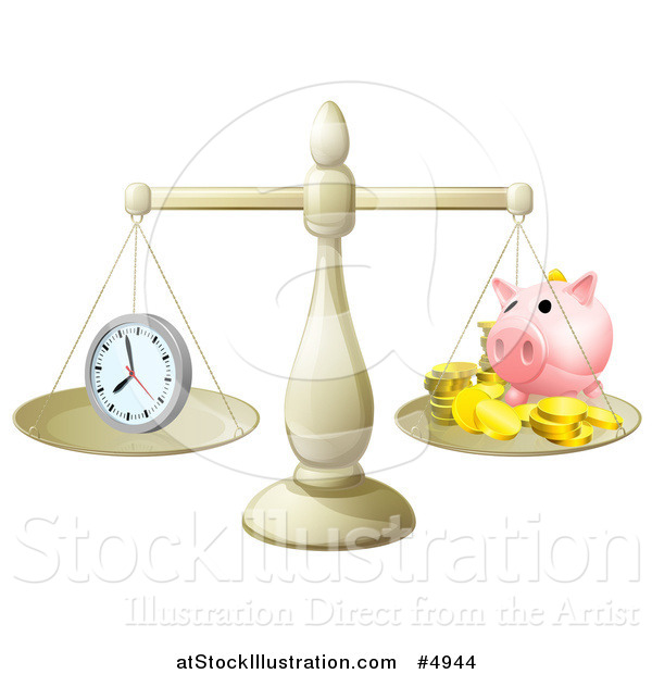 Vector Illustration of Balanced Scales with Time and a Piggy Bank