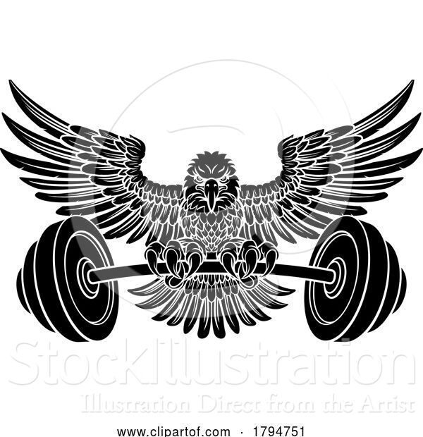 Vector Illustration of Bald Eagle Hawk Weight Lifting Mascot and Barbell
