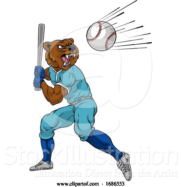 Vector Illustration of Bear Baseball Player Mascot Swinging Bat at Ball