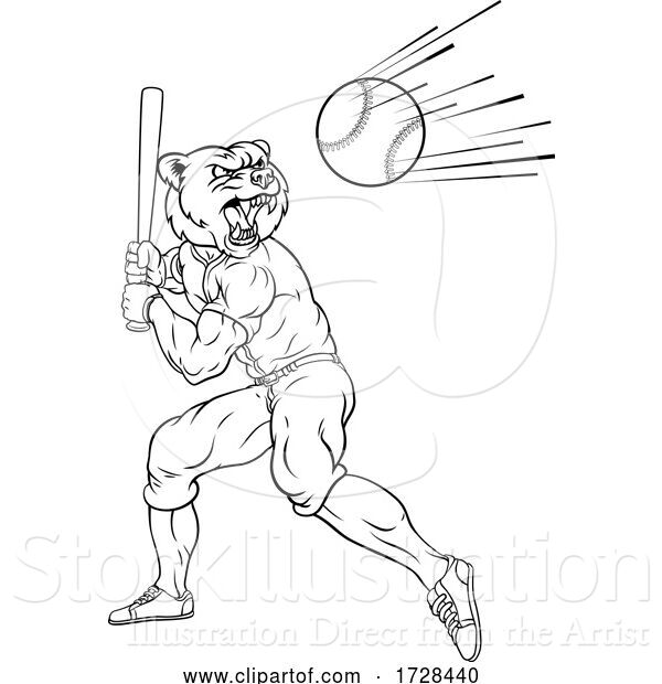 Vector Illustration of Bear Baseball Player Mascot Swinging Bat at Ball