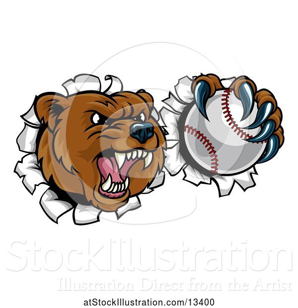 Vector Illustration of Bear Sports Mascot Breaking Through a Wall with a Baseball in a Paw