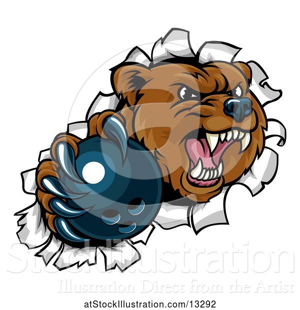 Vector Illustration of Bear Sports Mascot Breaking Through a Wall with a Bowling Ball in a Paw