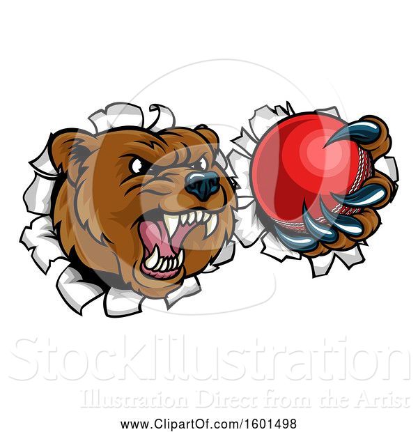 Vector Illustration of Bear Sports Mascot Breaking Through a Wall with a Cricket Ball in a Paw