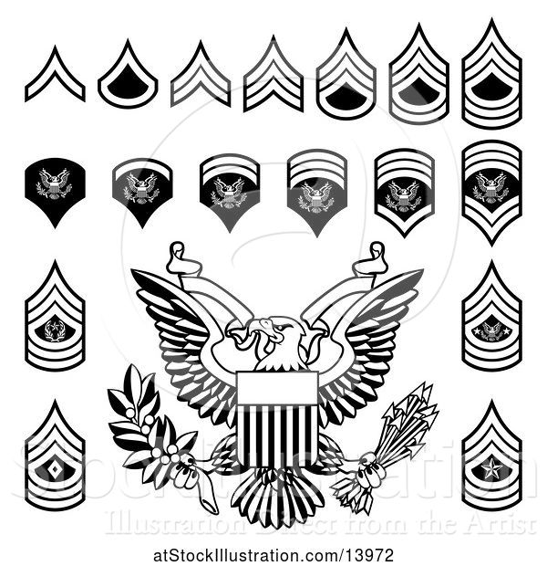 Vector Illustration of Black and White American Military Army Officer Rank Insignia Badges