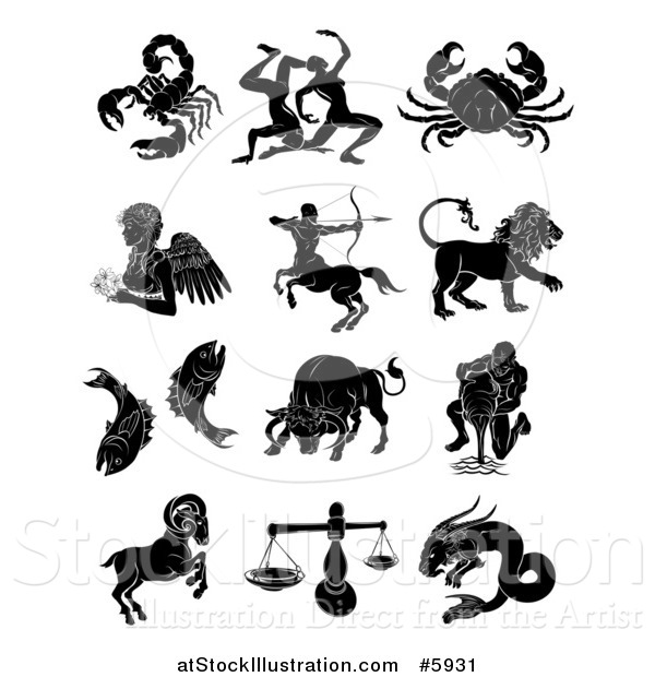 Vector Illustration of Black and White Astrology Zodiac Animals and Symbols