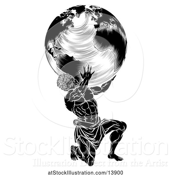 Vector Illustration of Black and White Atlas Titan Guy Carrying a Globe
