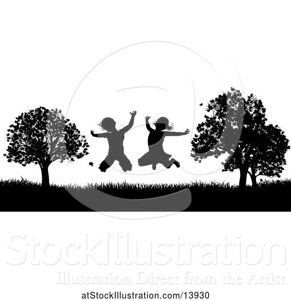 Vector Illustration of Black and White Border of Silhouetted KChildren Jumping Outdoors