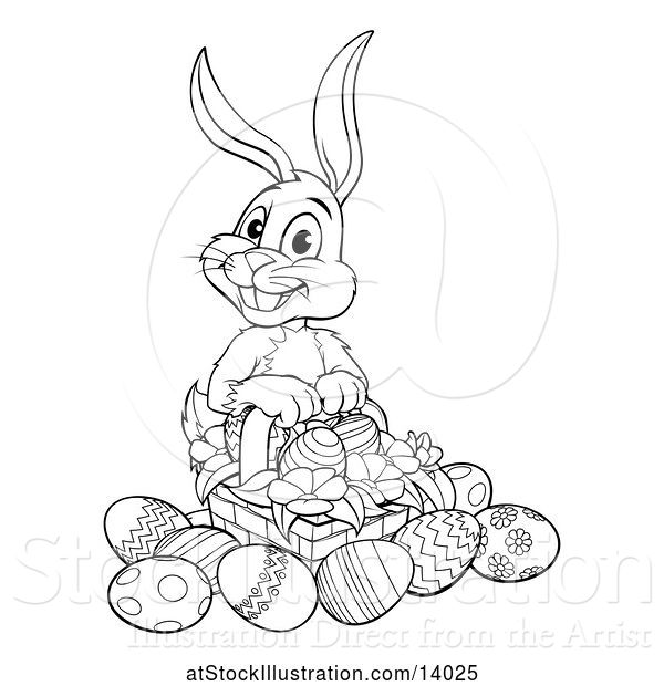 Vector Illustration of Black and White Bunny Rabbit with a Basket of Easter Eggs and Flowers