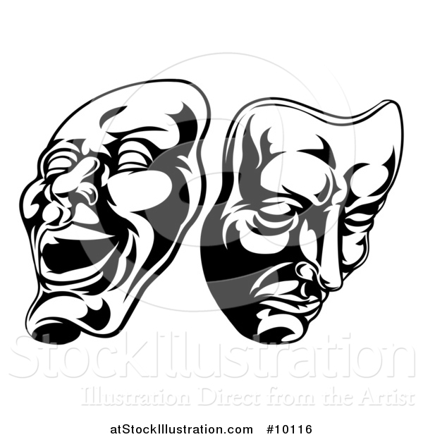 Vector Illustration of Black and White Comedy and Tragedy Theater Masks