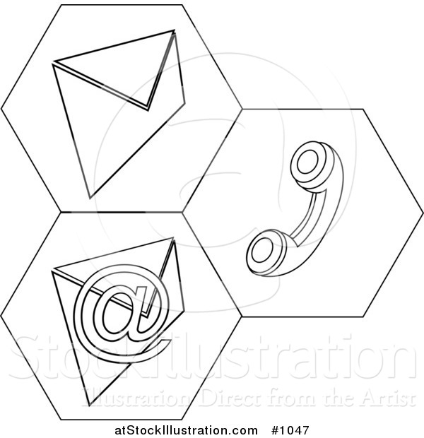 Vector Illustration of Black and White Contact Icons for Snail Mail, Telephone and Email Information