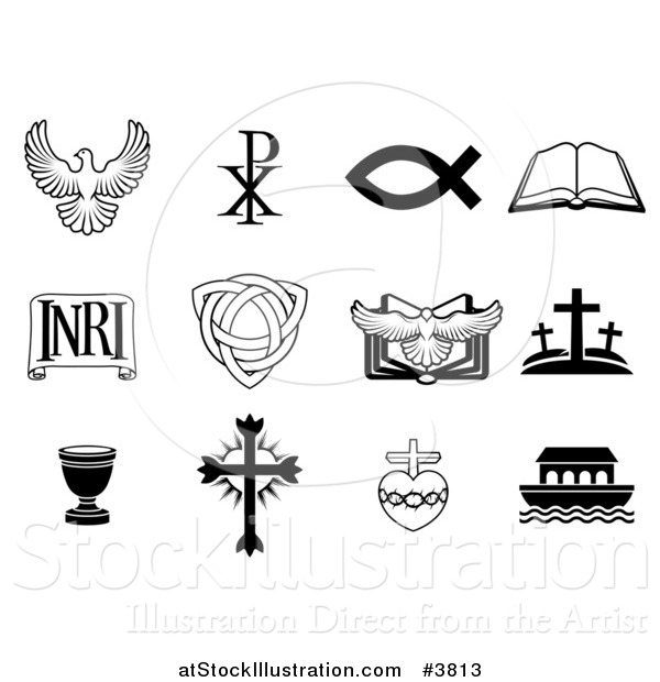 Vector Illustration of Black and White Dove Chi Ro Fish Bible INRI Trinity Christogram Cross Communion Cup and Ark Christian Icons