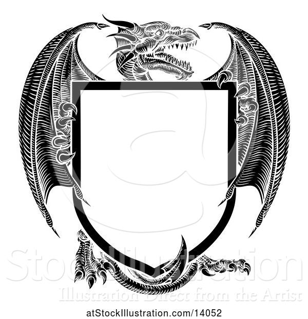 Vector Illustration of Black and White Dragon Shield