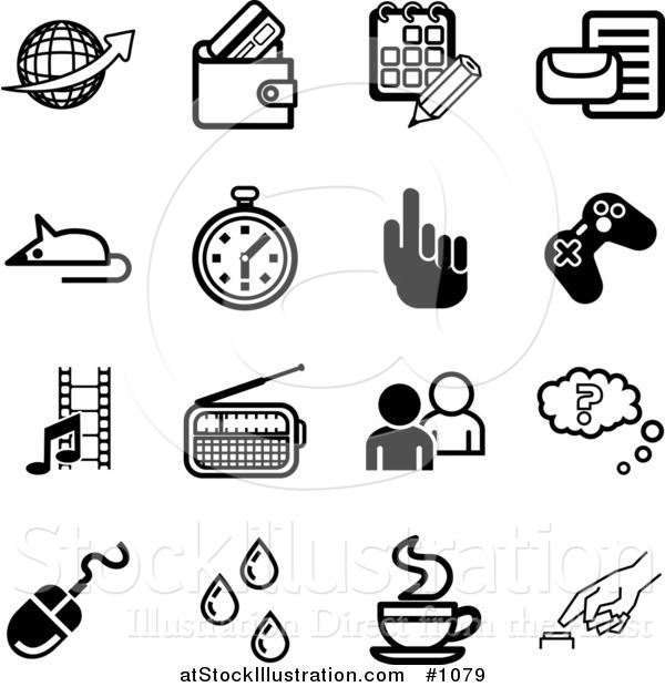 Vector Illustration of Black and White Globe, Wallet, Calendar, Letter, Mouse, Stopwatch, Hand, Controller, Film Strip, Radio, People, Question, Computer Mouse, Water Drops, Java and Button Icons on a White Background