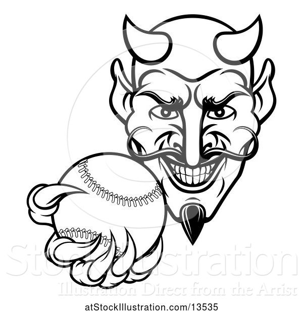 Vector Illustration of Black and White Grinning Evil Devil Holding out a Baseball in a Clawed Hand