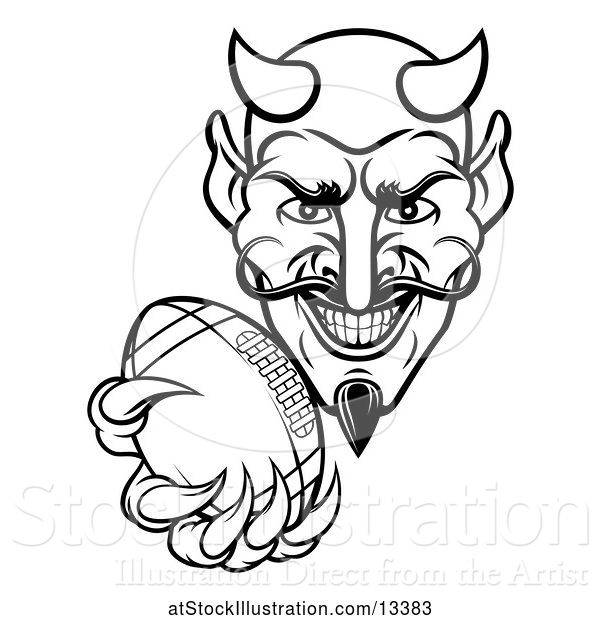 Vector Illustration of Black and White Grinning Evil Devil Holding out a Football in a Clawed Hand