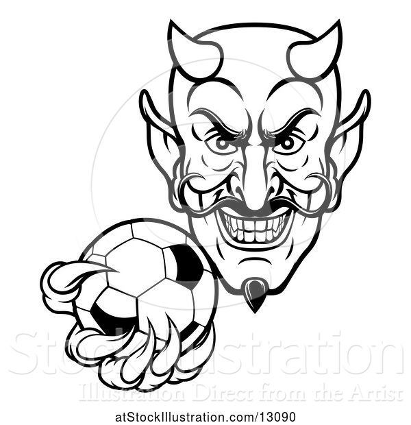 Vector Illustration of Black and White Grinning Evil Devil Holding out a Soccer Ball in a Clawed Hand