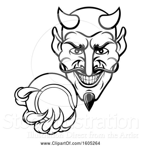 Vector Illustration of Black and White Grinning Evil Devil Holding out a Tennis Ball in a Clawed Hand