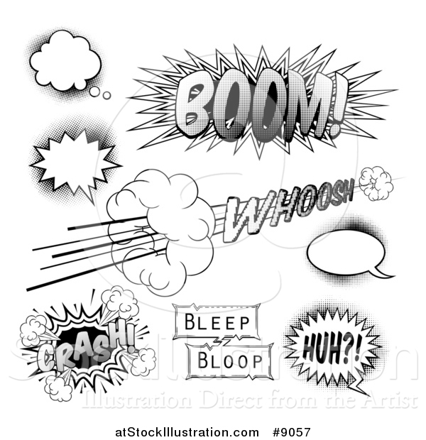 Vector Illustration of Black and White Halftone Comic Pop Art Design Elements