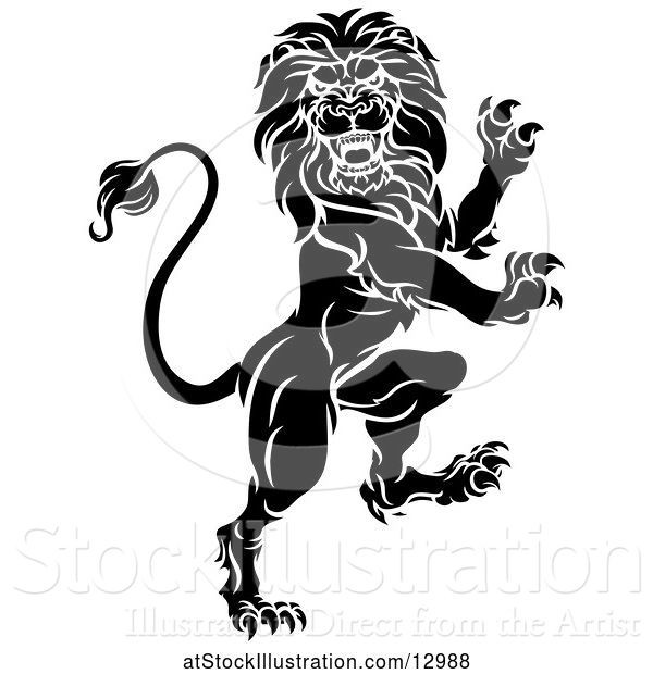 Vector Illustration of Black and White Heraldic Rampant Lion