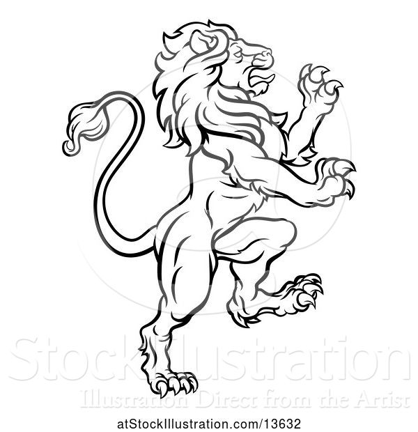 Vector Illustration of Black and White Heraldic Rampant Lion