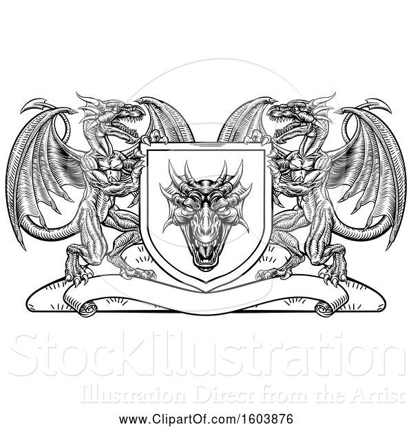 Vector Illustration of Black and White Heraldic Shield with Dragons