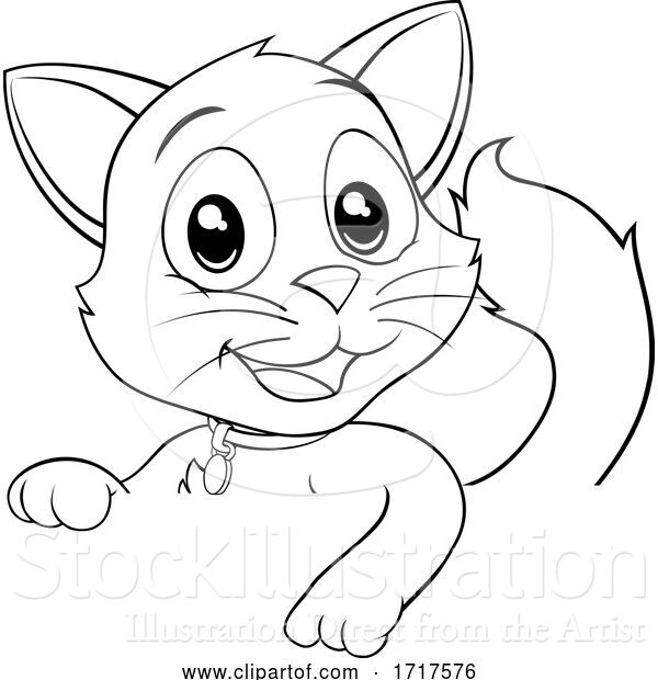 Vector Illustration of Black and White Kitty Cat over a Sign