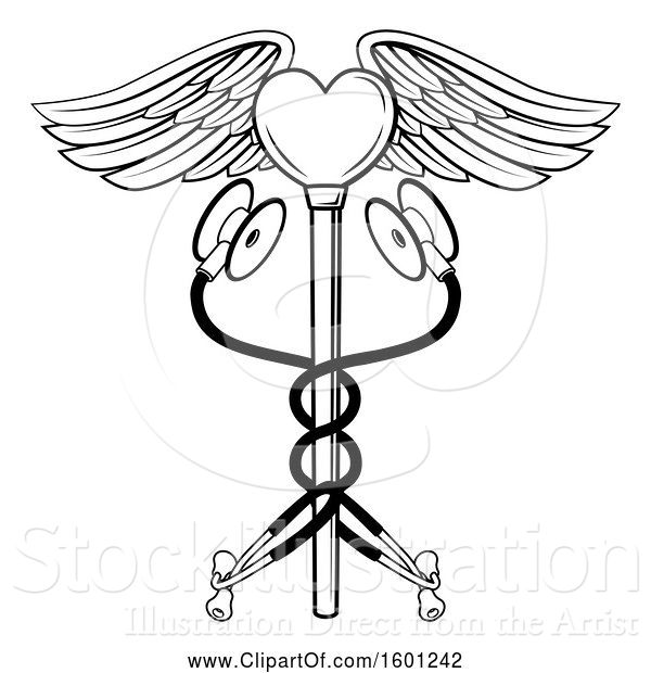 Vector Illustration of Black and White Medical Caduceus with Stethoscopes and a Winged Heart