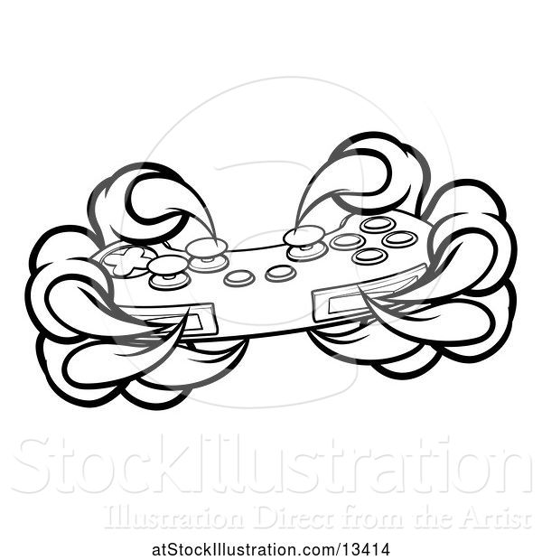 Vector Illustration of Black and White Monster Claws Playing with a Video Game Controller