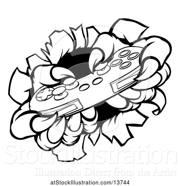 Vector Illustration of Black and White Monster Claws Playing with a Video Game Controller