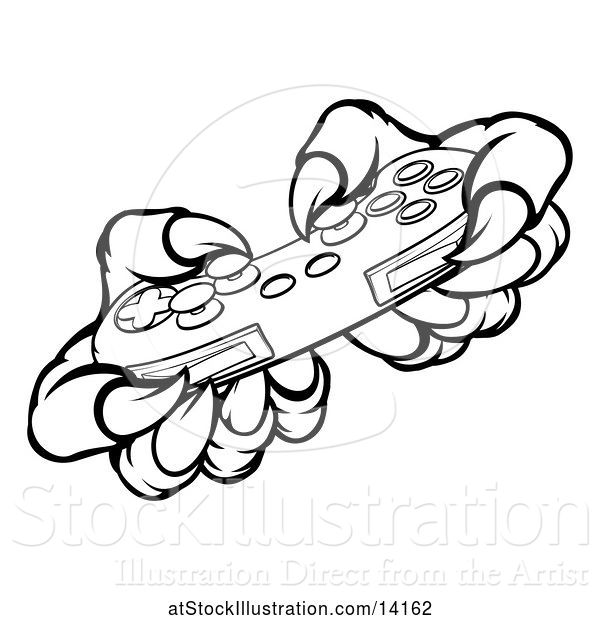 Vector Illustration of Black and White Monster Claws Playing with a Video Game Controller