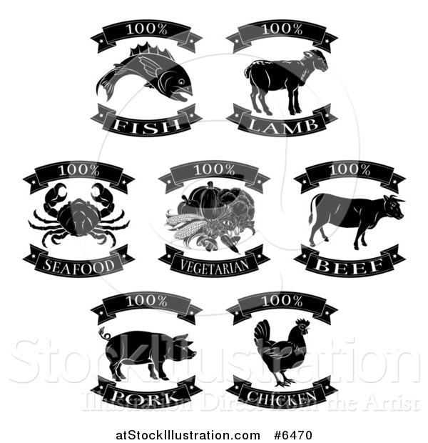 Vector Illustration of Black and White One Hundred Percent Fish, Vegetarian and Meat Food Labels
