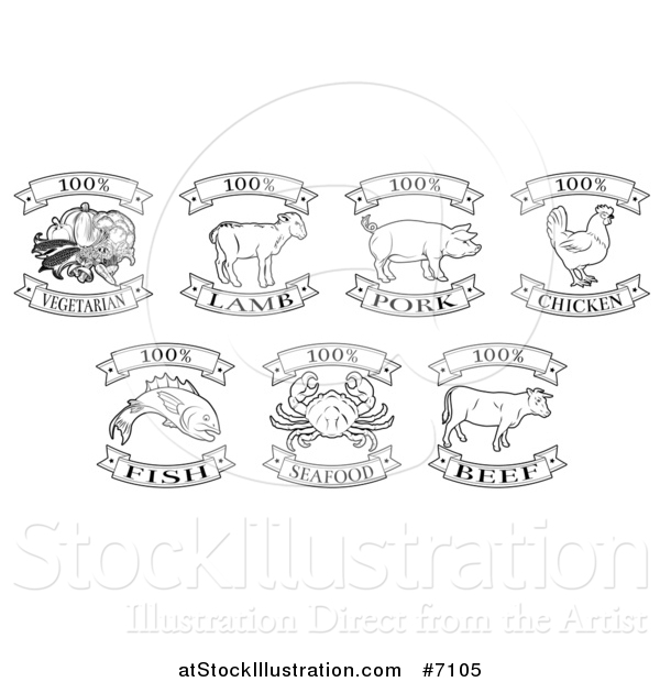 Vector Illustration of Black and White One Hundred Percent Vegetarian, Lamb, Pork, Chicken, Fish, Seafood and Beef Labels