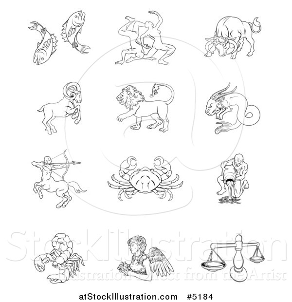 Vector Illustration of Black and White Outlined Zodiac Star Signs