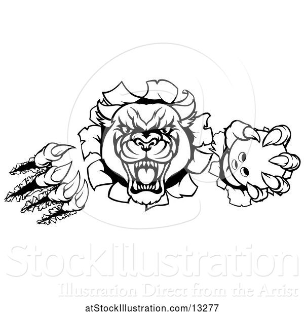 Vector Illustration of Black and White Panther Mascot Shredding Through a Wall with a Bowling Ball
