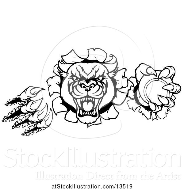 Vector Illustration of Black and White Panther Mascot Shredding Through a Wall with a Tennis Ball