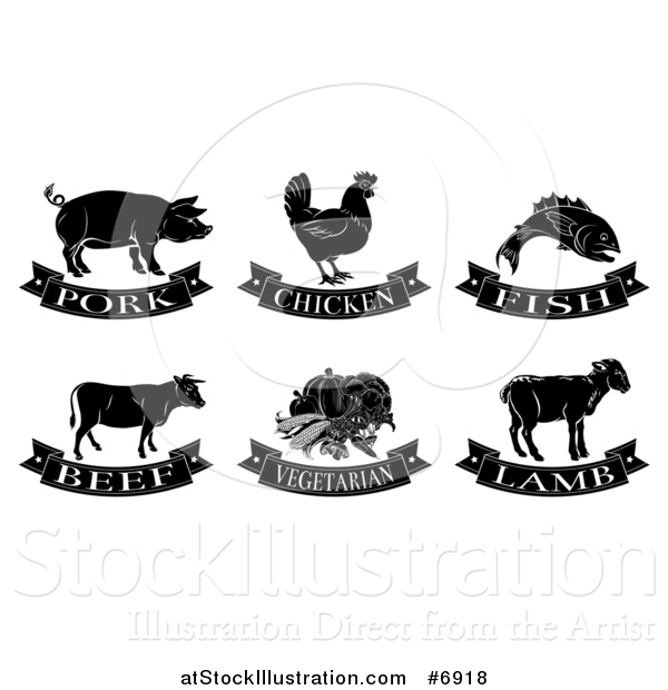 Vector Illustration of Black and White Pork, Chicken, Fish, Beef, Vegetarian and Lamb Food Designs