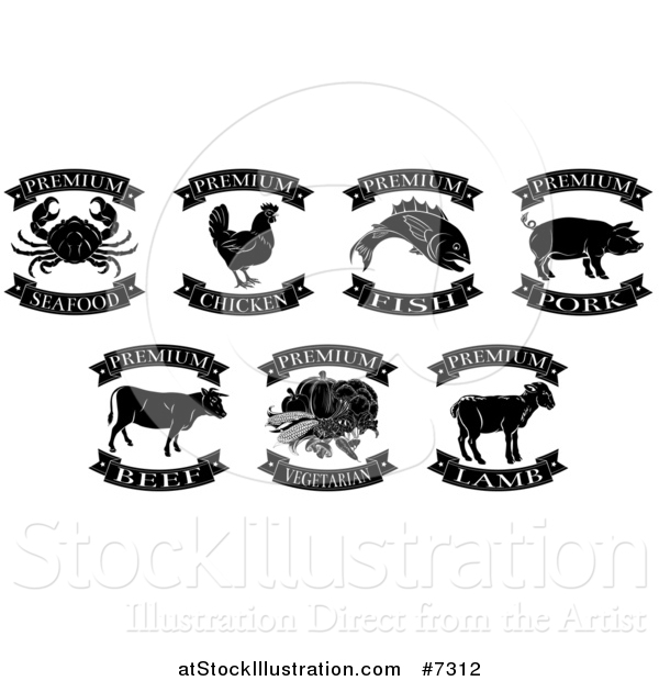 Vector Illustration of Black and White Premium Chicken, Beef, Pork, Lamb, Fish, Seafood and Vegetarian Food Labels 2