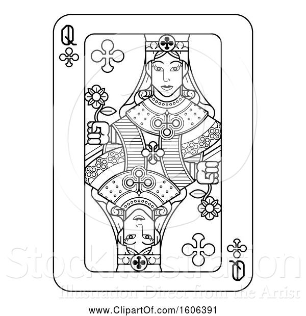 Vector Illustration of Black and White Queen of Clubs Playing Card