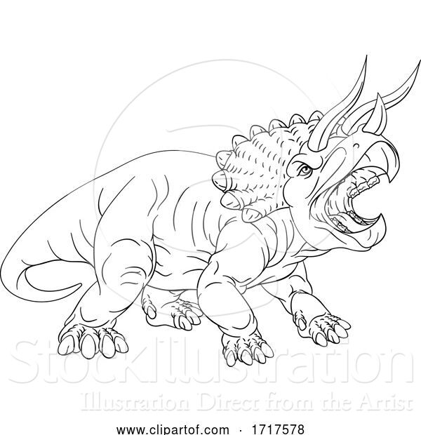 Vector Illustration of Black and White Roaring Angry Triceratops Dinosaur Facing Right