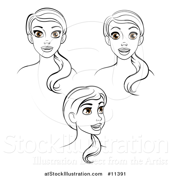Vector Illustration of Black and White Set of Female Faces with Brown Eyes