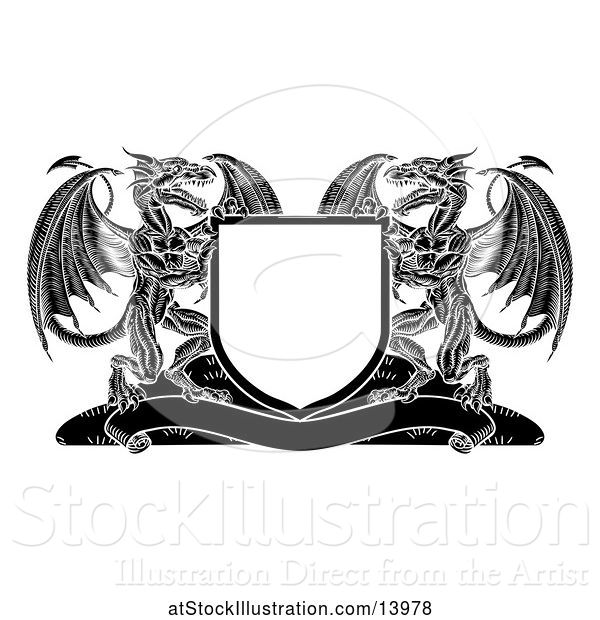 Vector Illustration of Black and White Shield with Dragons