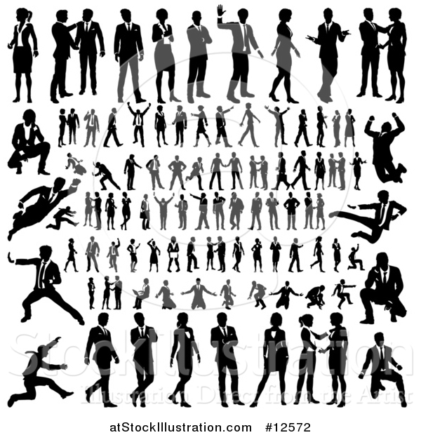 Vector Illustration of Black and White Silhouetted Business Men and Women