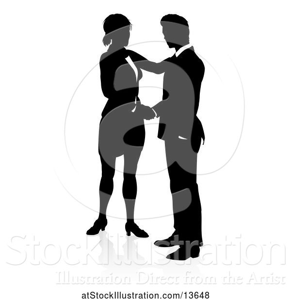 Vector Illustration of Black and White Silhouetted Businessman and Lady Shaking Hands, with a Reflection or Shadow