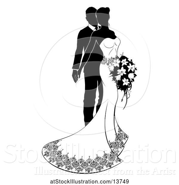 Vector Illustration of Black and White Silhouetted Posing Wedding Bride and Groom with a Bouquet