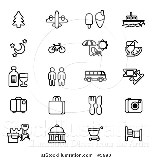 Vector Illustration of Black and White Tourist Icons