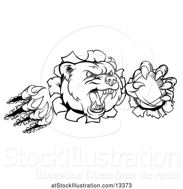 Vector Illustration of Black and White Vicious Aggressive Bear Mascot Slashing Through a Wall with a Football in a Paw