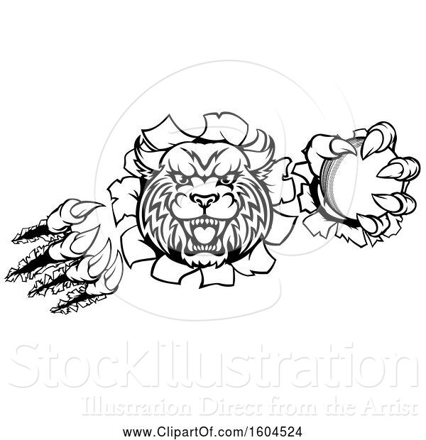 Vector Illustration of Black and White Vicious Bobcat Lynx Wildcat Mascot Breaking Through a Wall with a Cricket Ball