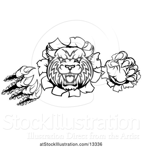 Vector Illustration of Black and White Vicious Wildcat Mascot Shredding Through a Wall